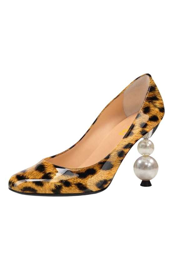 Women Classic Round Closed Toe Pumps Slip On Pearl Beadded Chunky High Heel Patent Leather Office Party Dressy Shoes Size 5.5 Leopard Print
