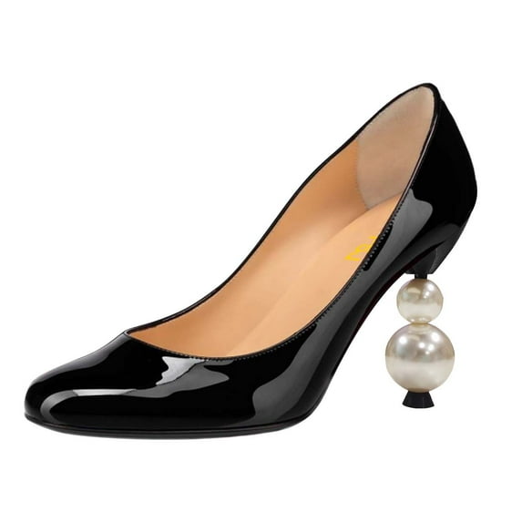 FSJ Women Classic Round Closed Toe Pumps Slip On Pearl Beadded Chunky High Heel Patent Leather Office Party Dressy Shoes Size 6.5 Black