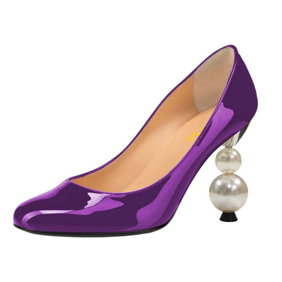 FSJ Women Classic Round Closed Toe Pumps Slip On Pearl Beadded Chunky High Heel Patent Leather Office Party Dressy Shoes Size 6.5 Darkorchid