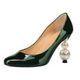 thumbnail image 1 of FSJ Women Classic Round Closed Toe Pumps Slip On Pearl Beadded Chunky High Heel Patent Leather Office Party Dressy Shoes Size 7 Green, 1 of 4