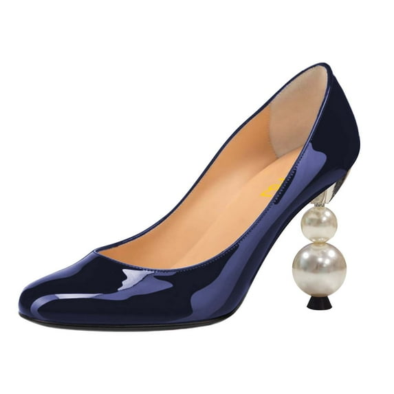 FSJ Women Classic Round Closed Toe Pumps Slip On Pearl Beadded Chunky High Heel Patent Leather Office Party Dressy Shoes Size 8 Navy