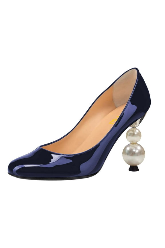 Women Classic Round Closed Toe Pumps Slip On Pearl Beadded Chunky High Heel Patent Leather Office Party Dressy Shoes Size 8 Navy