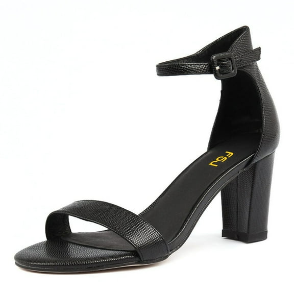 FSJ Women Classic Round Open Toe Ankle Strap Sandals Chunky Block Heel Single Band Pumps Comfortable Wedding Guest Dress Shoes Size 8 Black