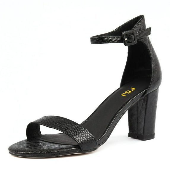 FSJ Women Classic Round Open Toe Ankle Strap Sandals Chunky Block Heel Single Band Pumps Comfortable Wedding Guest Dress Shoes Size 8 Black