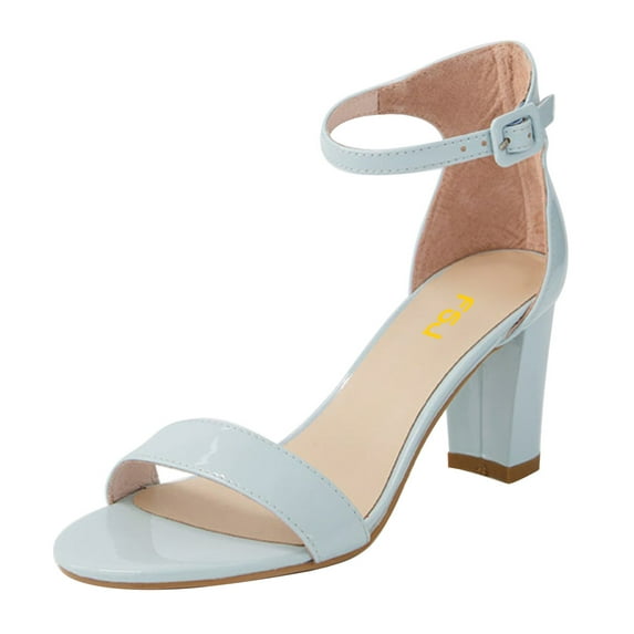 FSJ Women Classic Round Open Toe Ankle Strap Sandals Chunky Block Heel Single Band Pumps Comfortable Wedding Guest Dress Shoes Size 9.5 Light Blue