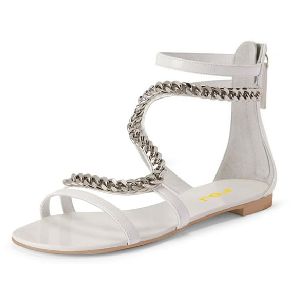 FSJ Women Classic Round Open Toe Sandals Thin Strap Studded S Metal Chain Flats Ankle Strap Back Zipper Casual Summer Shoes Size 10 White