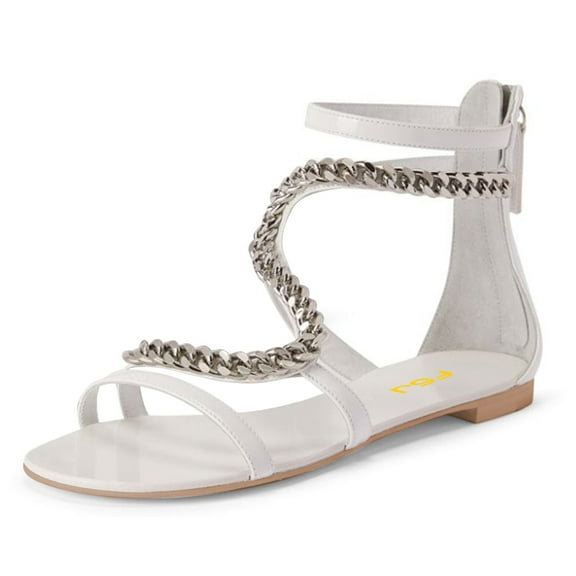 FSJ Women Classic Round Open Toe Sandals Thin Strap Studded S Metal Chain Flats Ankle Strap Back Zipper Casual Summer Shoes Size 5.5 White