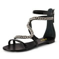 thumbnail image 1 of FSJ Women Classic Round Open Toe Sandals Thin Strap Studded S Metal Chain Flats Ankle Strap Back Zipper Casual Summer Shoes Size 7.5 Black, 1 of 4