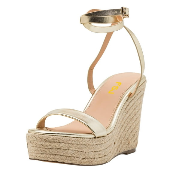 FSJ Women Classic Round Open Toe Wedge High Heel Sandals Espadrille Platform Lace-up Adjustable Buckle Ankle Strap Cute Summer Dress Shoes Size 6.5 Gold