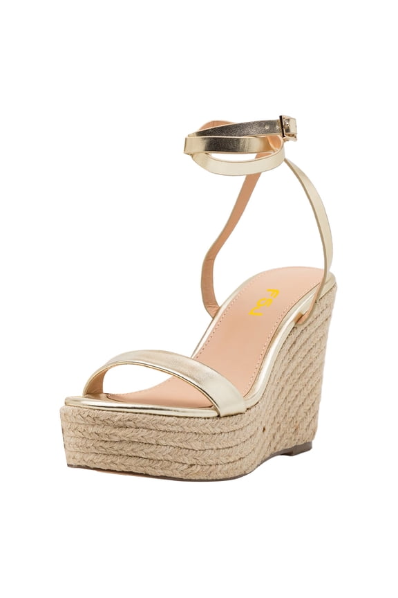 Women Classic Round Open Toe Wedge High Heel Sandals Espadrille Platform Lace-up Adjustable Buckle Ankle Strap Cute Summer Dress Shoes Size 6.5 Gold
