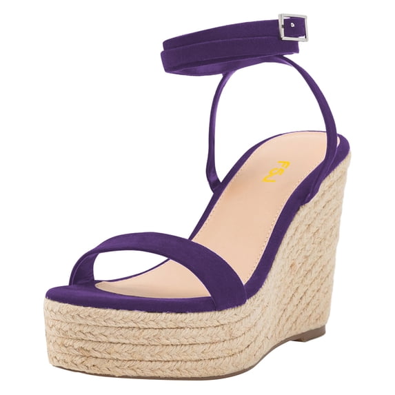 FSJ Women Classic Round Open Toe Wedge High Heel Sandals Espadrille Platform Lace-up Adjustable Buckle Ankle Strap Cute Summer Dress Shoes Size 8.5 Purple