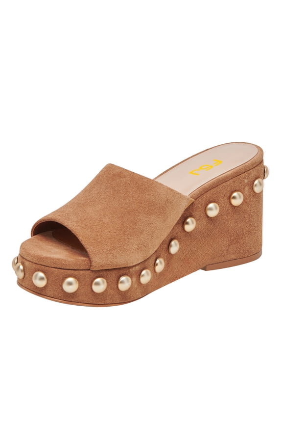 Women Classic Round Open Toe Wedge Platfrom Heels Slide Sandals Studded Metal Rivets Slip On Mules Summer Casual Dress Shoes Size 5.5 Brown