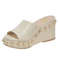 thumbnail image 1 of FSJ Women Classic Round Open Toe Wedge Platfrom Heels Slide Sandals Studded Metal Rivets Slip On Mules Summer Casual Dress Shoes Size 6 White, 1 of 5