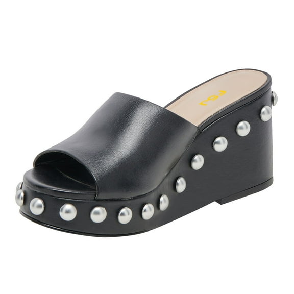 FSJ Women Classic Round Open Toe Wedge Platfrom Heels Slide Sandals Studded Metal Rivets Slip On Mules Summer Casual Dress Shoes Size 8 Black
