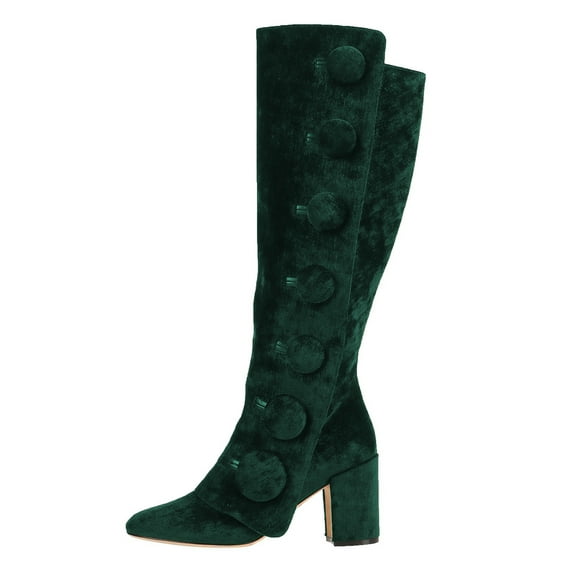 FSJ Women Classic Side Zipper Knee High Boots Chunky Block Heels Fold Over Button Pointy Closed Toe Comfort Casual Wear Shoes Size 13 Green