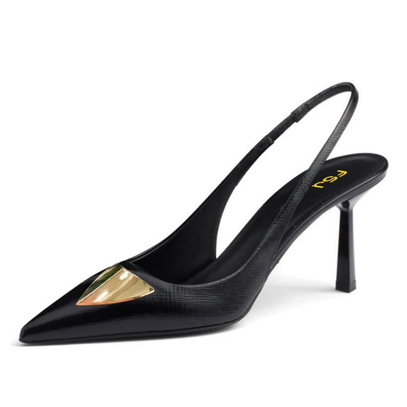FSJ Women Classic Slingback Metallic Triangle Sleek Pumps Pointed Closed Toe Stiletto High Heels Sandals Sexy Office Dress Shoes Size 4 Black