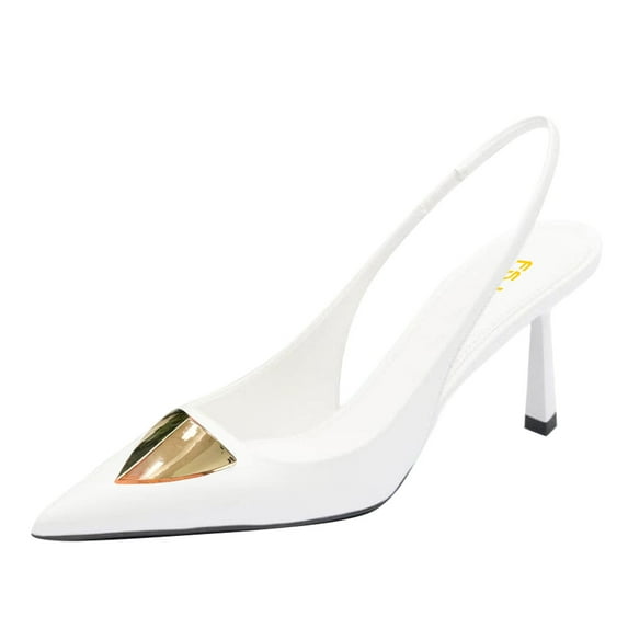 FSJ Women Classic Slingback Metallic Triangle Sleek Pumps Pointed Closed Toe Stiletto High Heels Sandals Sexy Office Dress Shoes Size 8 White