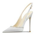 thumbnail image 1 of FSJ Women Classic Sparkling Rhinestone Pointed Closed Toe Slingback Slip On Stilettos High Heels Pumps Buckle Wedding Dressy Shoes Size 8 White, 1 of 5