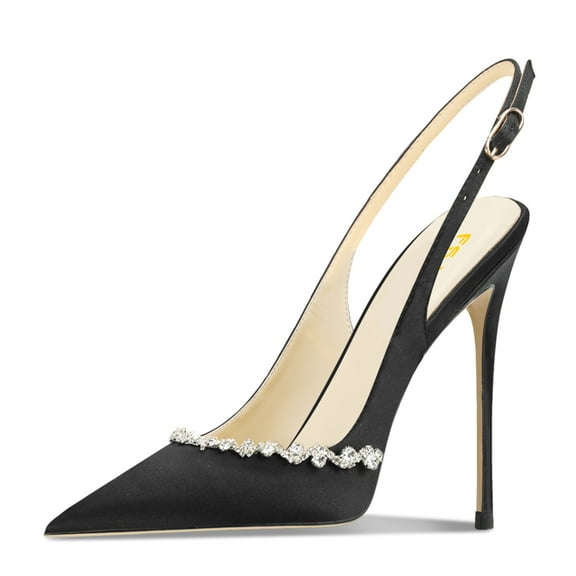FSJ Women Classic Sparkling Rhinestone Pointed Closed Toe Slingback Slip On Stilettos High Heels Pumps Buckle Wedding Dressy Shoes Size 13 Black Glossy Leather