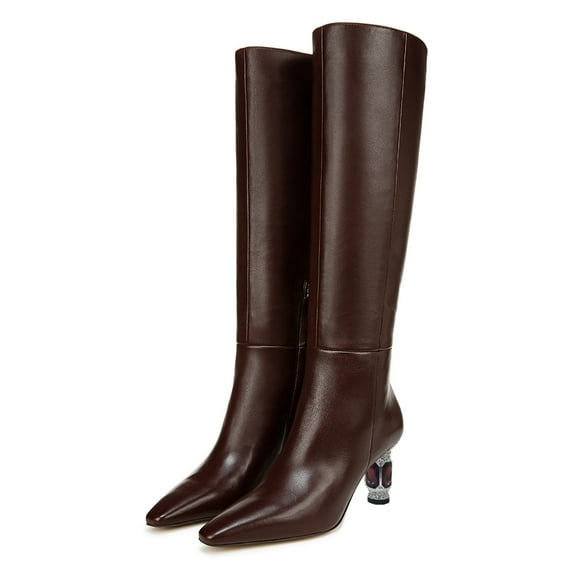 FSJ Women Classic Sqaure Toe Mid Heel Knee High Boots Crystal Chunky Heel Half Zip Modern Tall Boots Solid Fall Winter Shoes Size 15 Chocolate