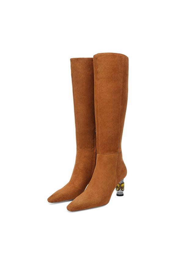 Women Classic Sqaure Toe Mid Heel Knee High Boots Crystal Chunky Heel Half Zip Modern Tall Boots Solid Fall Winter Shoes Size 5 Brown