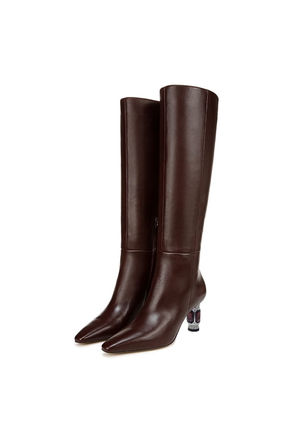 Women Classic Sqaure Toe Mid Heel Knee High Boots Crystal Chunky Heel Half Zip Modern Tall Boots Solid Fall Winter Shoes Size 5 Chocolate