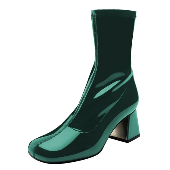 FSJ Women Classic Square Closed Toe Ankle Boots Side Zipper Chunky High Heel Mid Calf Stretch Short Bootie Comfortable Shoes Size 6 Green