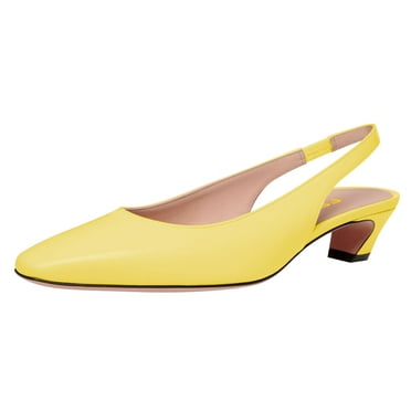 FSJ Women Classic Square Closed Toe Elastic Strap Slingback Pumps Chunky Block Low Heel Slip On Party Dressy Office Shoes Size 8 Yellow