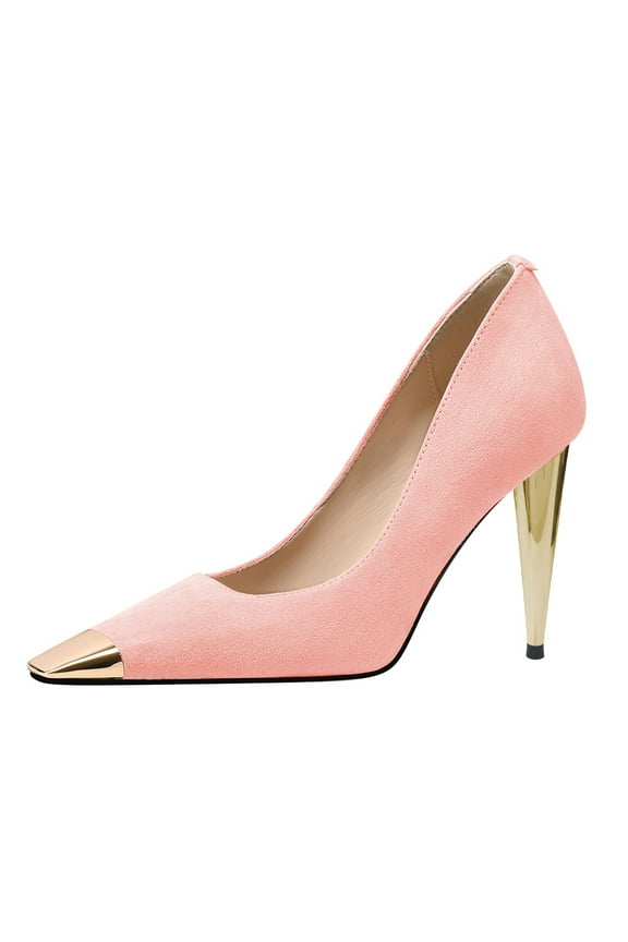 Women Classic Square Closed Toe Pumps Slip On Cone High Heel Gold Cap Toe Wedding Office Casual Dress Shoes Size 10 Pink