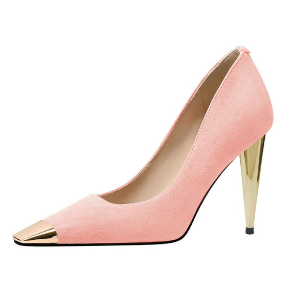 FSJ Women Classic Square Closed Toe Pumps Slip On Cone High Heel Gold Cap Toe Wedding Office Casual Dress Shoes Size 15 Pink