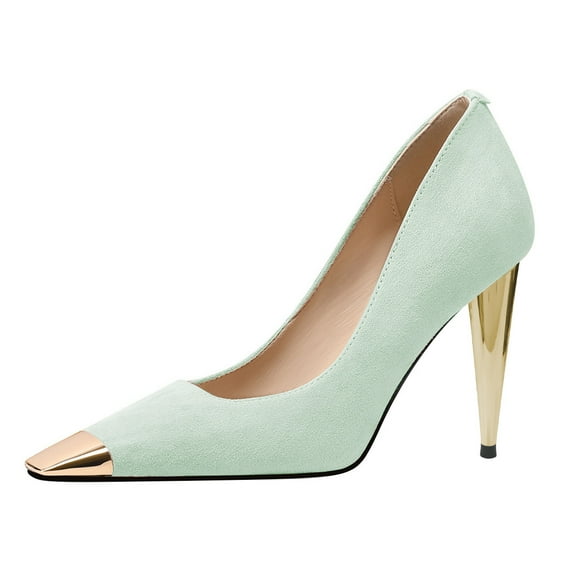 FSJ Women Classic Square Closed Toe Pumps Slip On Cone High Heel Gold Cap Toe Wedding Office Casual Dress Shoes Size 4 Green