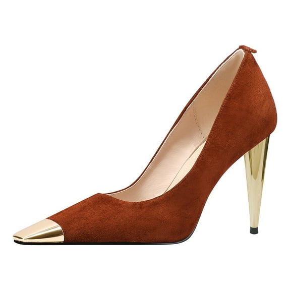 FSJ Women Classic Square Closed Toe Pumps Slip On Cone High Heel Gold Cap Toe Wedding Office Casual Dress Shoes Size 6 Brown