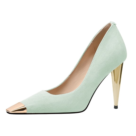 FSJ Women Classic Square Closed Toe Pumps Slip On Cone High Heel Gold Cap Toe Wedding Office Casual Dress Shoes Size 9 Green