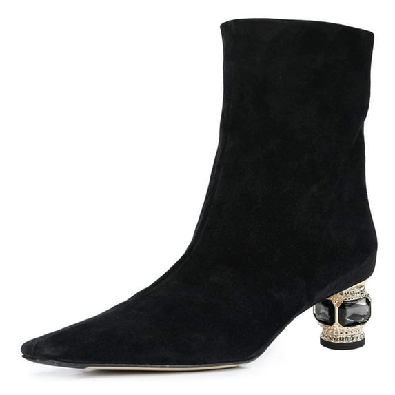 FSJ Women Classic Square Toe Crystal Block Heels Ankle Boots Rhinestone Low Heeled Pull On Comfy Booties Walking Shopping Shoes Size 8 Black Suede