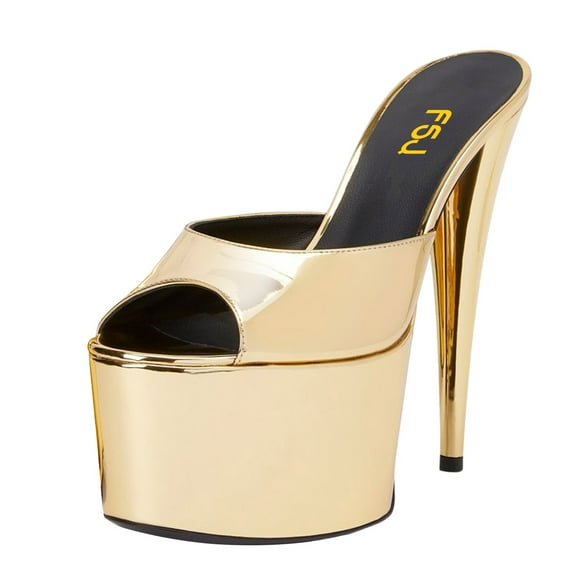 FSJ Women Classic Stiletto High Heel Mules Peep Open Toe Backless Platform Sandals Slip On Summer Daily Walking Party Dressy Slide Shoes Size 14 Gold
