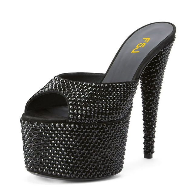 FSJ Women Classic Stiletto High Heel Mules Peep Open Toe Backless Platform Sandals Slip On Summer Daily Walking Party Dressy Slide Shoes Size 5 Black Rhinestone
