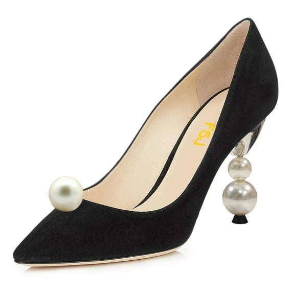 FSJ Women Classic Studded Pearls High Heel Pumps Pointy Close Toe Slip On Ladies Office Party Dress Pump Slide Shoes Size 7.5 Black Suede