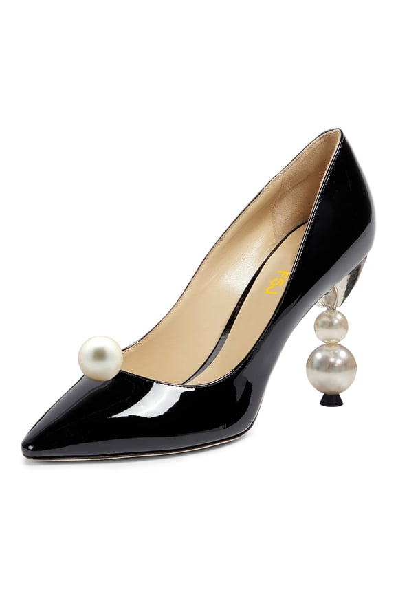 Women Classic Studded Pearls High Heel Pumps Pointy Close Toe Slip On Ladies Office Party Dress Pump Slide Shoes Size 8 Black