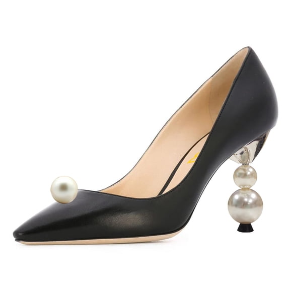 FSJ Women Classic Studded Pearls High Heel Pumps Pointy Close Toe Slip On Ladies Office Party Dress Pump Slide Shoes Size 9 Black Matte Leather