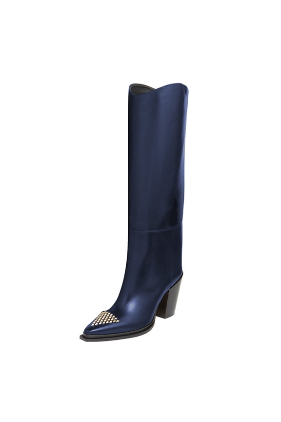 Women Classic Triangle Rivets Studs Pointed Closed Toe Knee High Boots Chunky Block High Heels Pull On Comfort Casual Office Wear Shoes Size 4 Blue