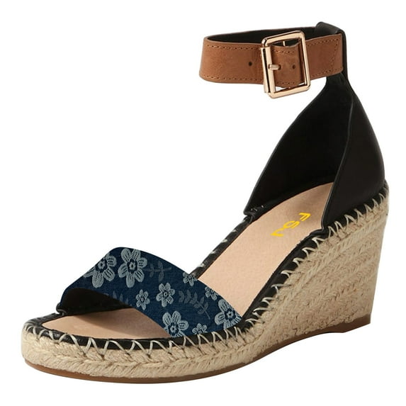 FSJ Women Classic Wedge Low Heel Espadrille Sandals Ankle Strap Open Toe Summer Platform Sandal Comfort Dressy Travel Office Shoes Size 13 Vintage Blue Flower
