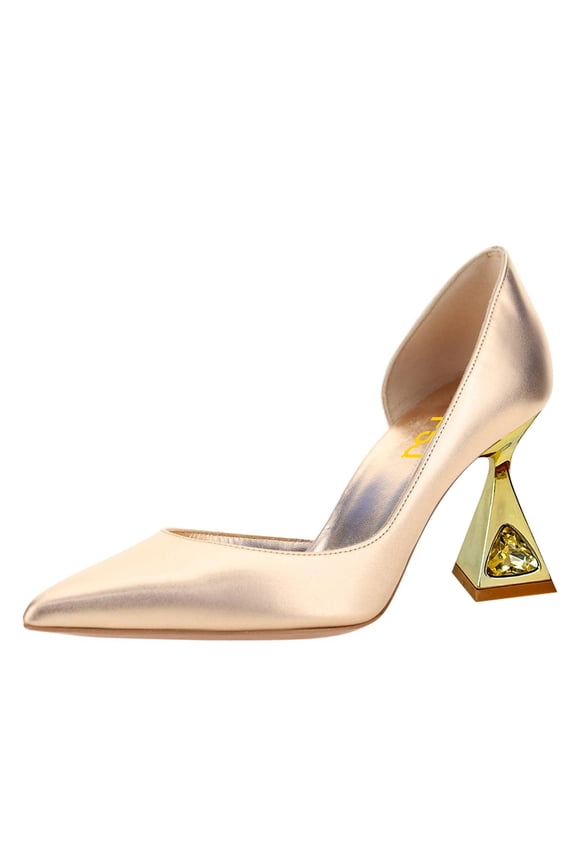 Women Closed Pointed Toe Slip On D'Orsay Pumps Unique Crystal Flared Chunky Block Heel Wedding Party Dress Shoes Size 6 Gold