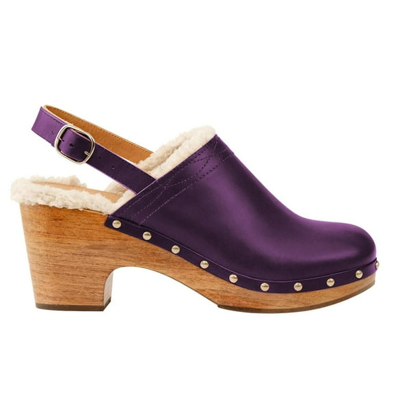 FSJ Women Closed Round Toe Clogs Fur Lining Rivets Wooden Chunky Mid Heel Slingback Mules with Studs Comfortable Shoes Size 16 Purple