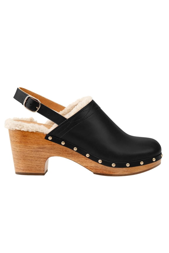 Women Closed Round Toe Clogs Fur Lining Rivets Wooden Chunky Mid Heel Slingback Mules with Studs Comfortable Shoes Size 4 Black