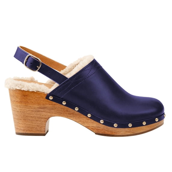 FSJ Women Closed Round Toe Clogs Fur Lining Rivets Wooden Chunky Mid Heel Slingback Mules with Studs Comfortable Shoes Size 8.5 Blue
