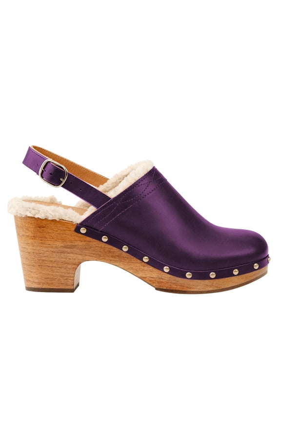 Women Closed Round Toe Clogs Fur Lining Rivets Wooden Chunky Mid Heel Slingback Mules with Studs Comfortable Shoes Size 8 Purple