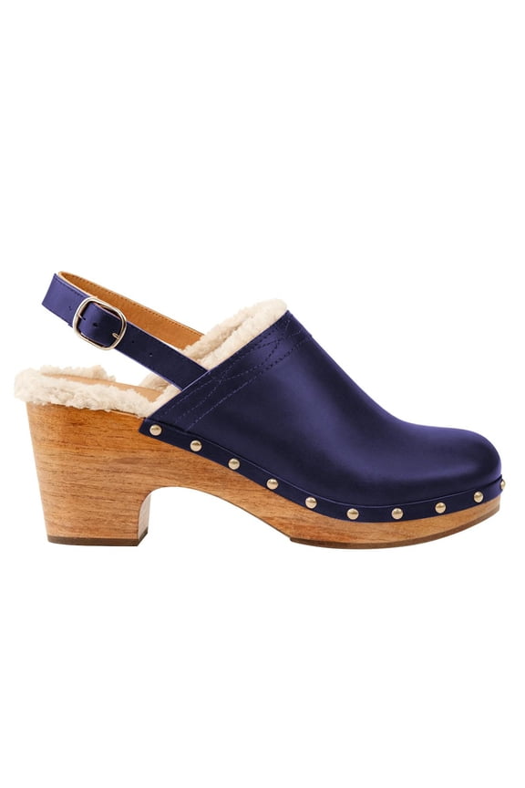 Women Closed Round Toe Clogs Fur Lining Rivets Wooden Chunky Mid Heel Slingback Mules with Studs Comfortable Shoes Size 9 Blue