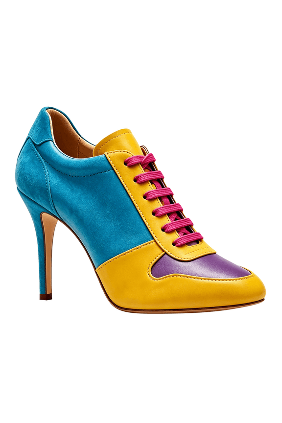 Women Closed Round Toe Sneaker Lace Up Stiletto Pumps Two Tone High Heels Size 7.5 Yellow Turquoise