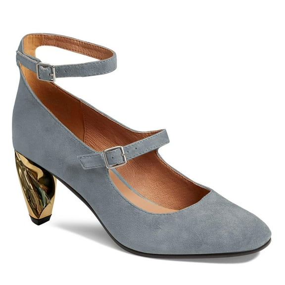 FSJ Women Closed Toe Double Strap Buckle Pumps Ankle Strap Metal Mid Chunky Heels Formal Dress Work Shoes Size 13 Slate Blue