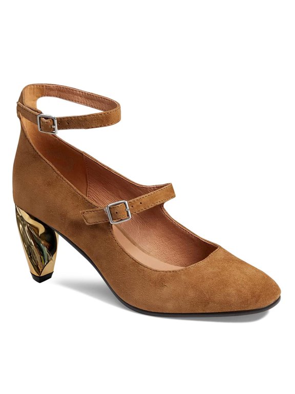 Women Closed Toe Double Strap Buckle Pumps Ankle Strap Metal Mid Chunky Heels Formal Dress Work Shoes Size 16 Brown